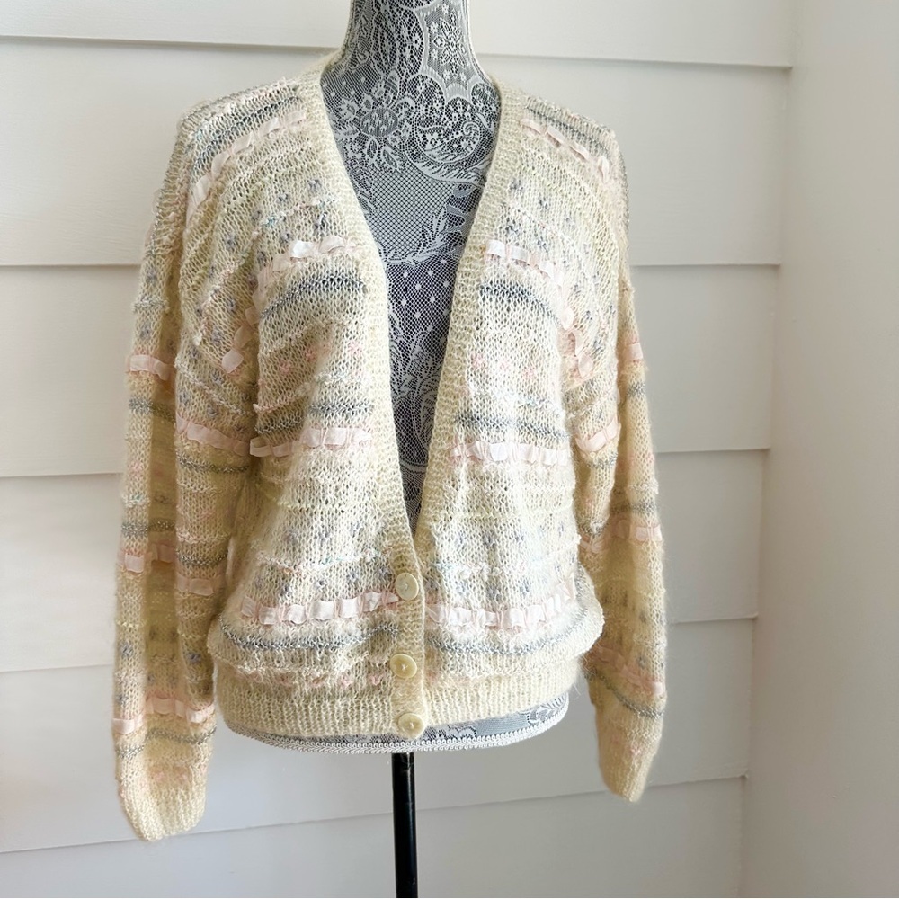 Vintage Cream and Pale Pink Knit Cardigan Sweater